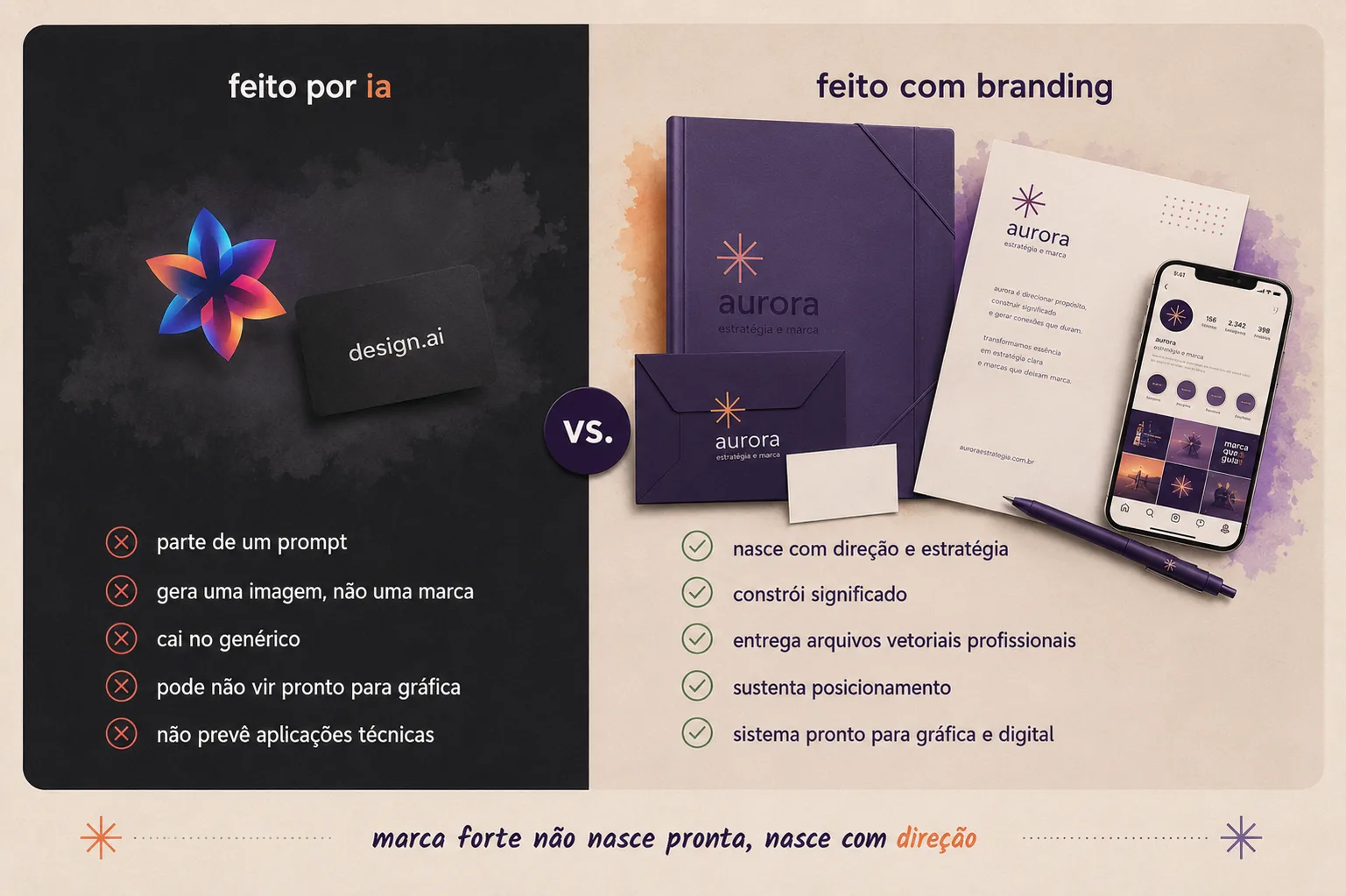 Comparação entre um logo feito por IA, que é parte de um prompt, gera imagem e não marca, cai no genérico, pode não vir pronto para gráfica e não prevê aplicações técnicas, e uma marca feita com branding, que nasce com direção e estratégia, constrói significado, entrega arquivos vetoriais profissionais, sustenta posicionamento e vira um sistema pronto para gráfica e digital
