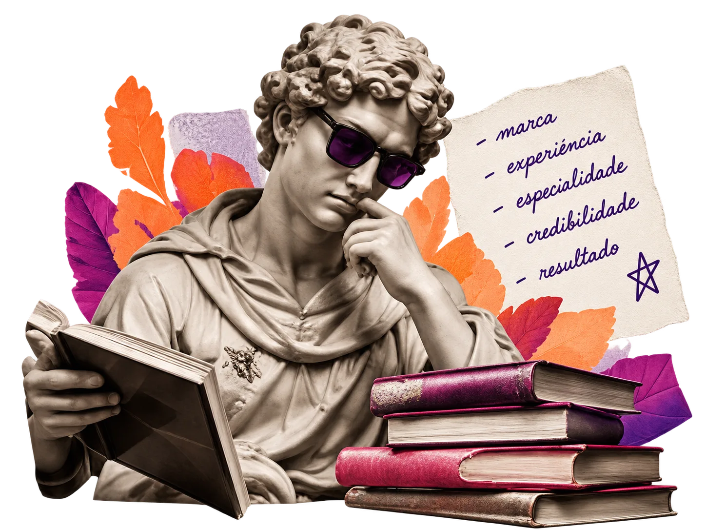 Estátua clássica de óculos escuros lendo um livro, com um bilhete ao lado listando marca, experiência, especialidade, credibilidade e resultado