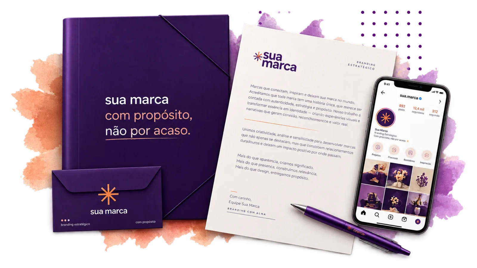 Papelaria de marca aplicada em pasta, envelope, celular, caneca e cartões