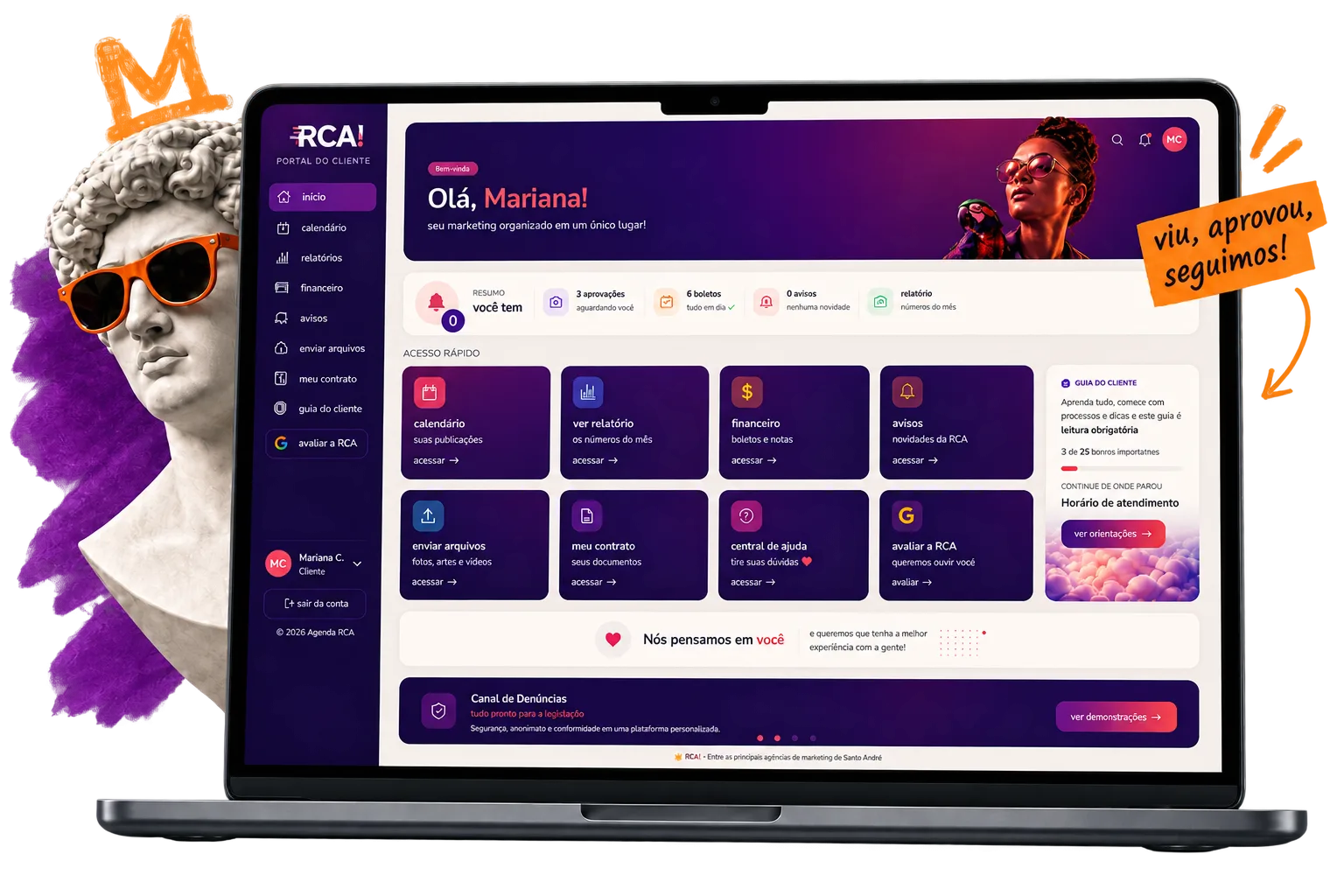Painel do Portal do Cliente da RCA num notebook, com calendário, relatórios e aprovações